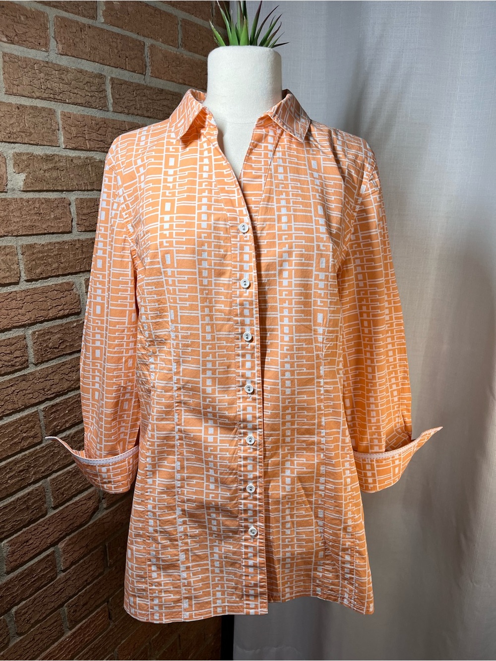 🏁🏁🏁BOGOHO🏁🏁🏁Tyler Boe Orange and White Geometric Button-Up Shirt-12